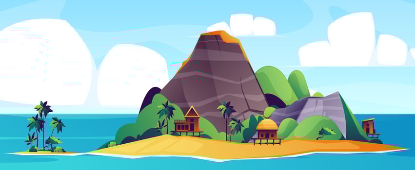 Tropical island background. Sea beach landscape with sand mountain palm trees, coastline panorama cartoon style, summer vacation concept. Vector illustration