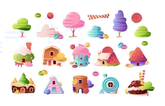 Cartoon candy city set. Fairytale houses with sweet trees bushes lollipops, cute kids fantasy fairy town with decorative sugar elements. Vector collection