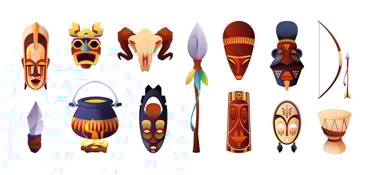 African ceremonial masks. Cartoon ancient ritual tribal symbols, traditional Africa zulu aborigine voodoo religion face shaped totem idols. Vector collection