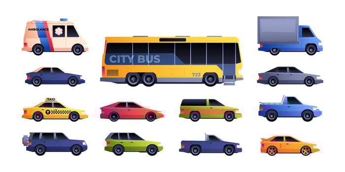 City transport set. Different models of cars, colorful urban vehicles taxi bus van emergency automobiles flat cartoon style. Vector isolated collection