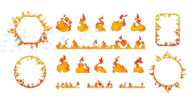 Cartoon fire frames. Square and round flaming figures, burning orange and red borders, game asset 2d elements, ignited edges. Vector isolated set