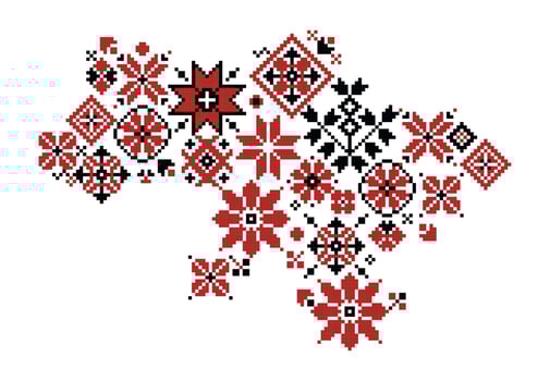 Ukrainian embroidery map. Topography of Ukraine with traditional national ornamental symbols and embroidery elements, country map with flowers and leaves. Vector illustration
