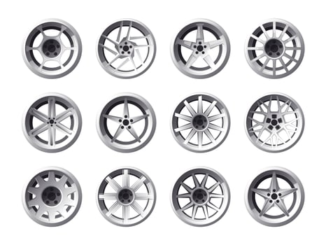 Wheel rims. Car and truck wheels, motor vehicle and auto parts, cast, steel, light alloy and aluminum wheels flat transport parts. Vector set