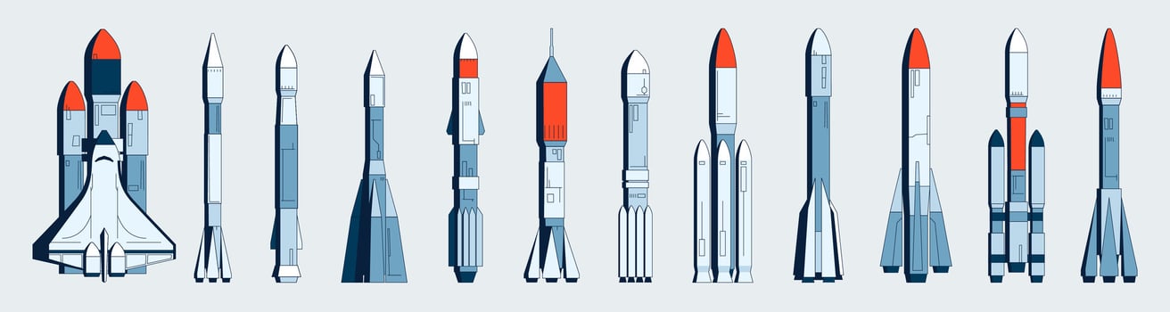 Space rocket collection. Flight spaceship with space module, rocket for suborbital flight, space mission and astronomy concept. Vector set