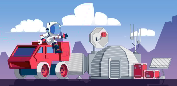 Astronaut on alien planet. Cartoon space exploration mission, rover on Mars surface and satellite antena, space exploration concept. Vector illustration