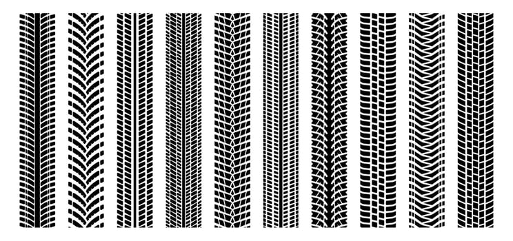 Machinery tire tracks. Motorcycle and car tires marks trail, dirt tire traces on street, rubber tire marks for rally car and bike. Vector isolated set