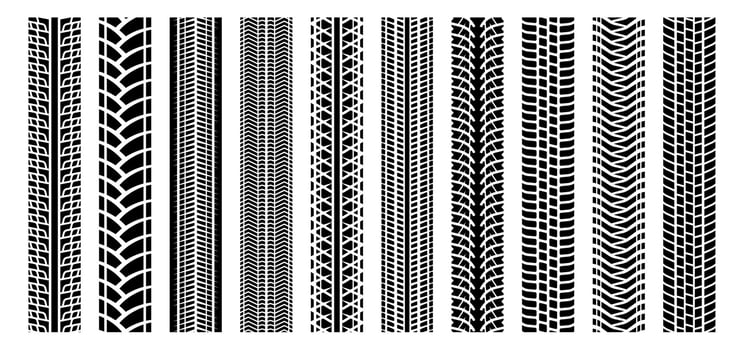 Car tire traces. Rubber car wheel tracks and skidding tire marks. Winter automobile driving rubber tire effect vector set