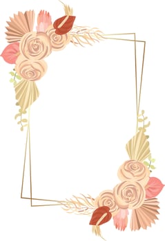 Floral decoration vector frame. mawar, pampas grass wedding wreath. Exotic dry flowers, palm leaves boho invitation card.