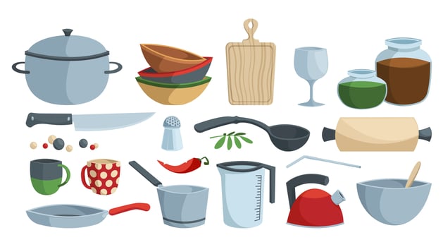Kitchenware tools. Cartoon flat cooking utensils, spoon bowl pot skillet knife and saucepan, kitchen cooking instruments set. Vector flat collection