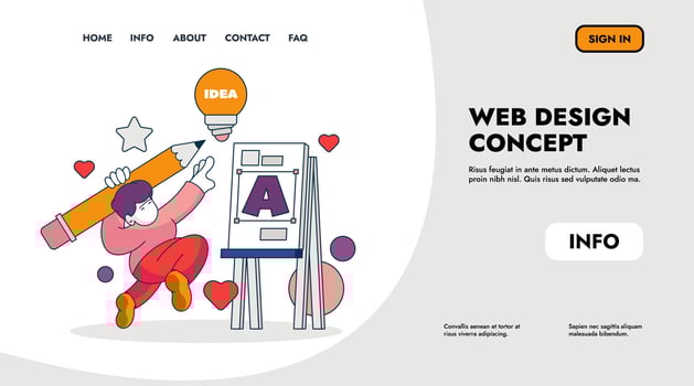 Designer landing page. Web page template with sketch concept, cartoon character and creative process. Vector UI design concept