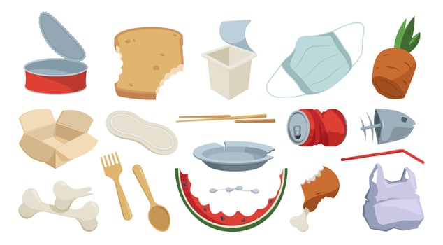 Waste collection. Cartoon recycle waste plastic glass and paper, organic garbage composting process, eco garbage disposal. Vector isolated set