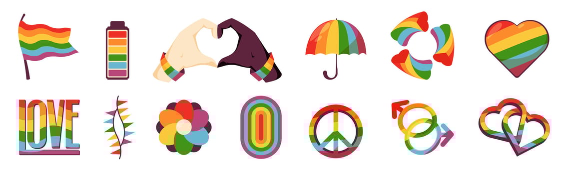 LGBTQ community symbols. Set of colorful LGBT parade symbols, groovy hands and flag icons, festival parade awareness slogan. Vector collection