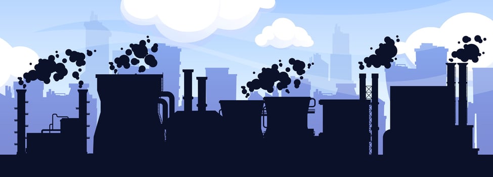 Factories silhouette background. Urban industrial buildings with smokestacks, refinery, chemical plant and oil refinery. Factory vector panorama