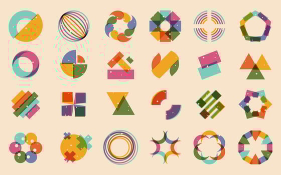 Riso geometric figures. Abstract 90s style print with minimalistic floral shapes, glitch effect and old y2k paper texture. Vector set