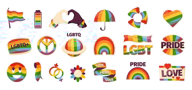 Lgbt stickers. Colorful abstract LGBT rainbow flag and symbols for lgbtq pride card design, diversity awareness concept. Vector isolated set