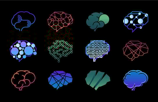 Human brain emblem. Colorful abstract human intelligence label, creative concentration and idea badges for logo design. Vector set