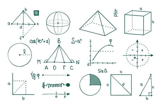 Math graphs. Parabolas, cosine, sine and tangent curves. Geometric figures and functions. Vector college algebraic symbols
