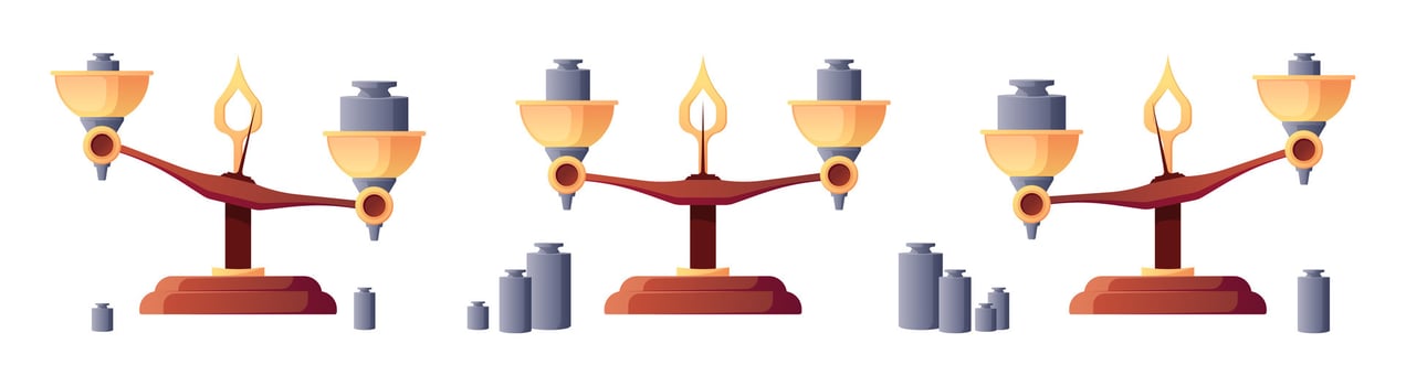 Scales balance. Mass and weight measuring scales with different weights, calibration and equal measure math symbols. Vector illustration