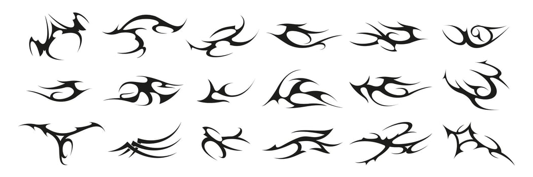 Tribal shapes. Celtic abstract ornament for tattoo design, modern brutal splatter decorative elements. Vector isolated set