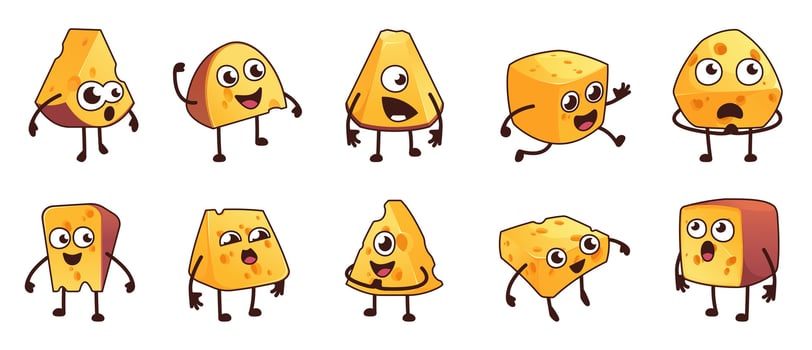 Cartoon cheese mascot. Cute kawaii food characters with different emotions, happy sad angry cute person for dairy products packaging. Vector set