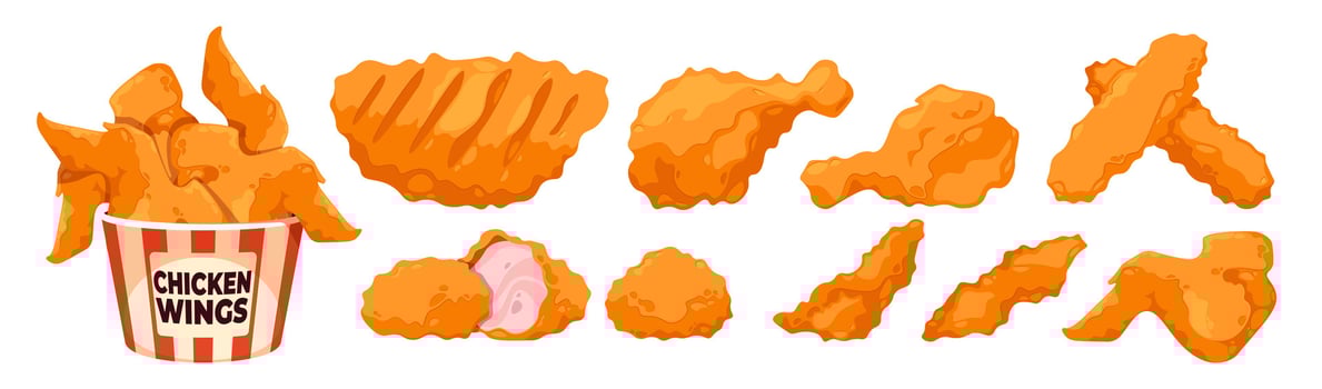 Cartoon fried chicken. Barbecue grilled fried poultry, greasy fast food, tasty unhealthy snack with crispy fillet drumsticks. Vector set