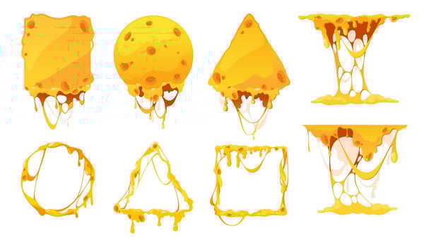 Melted cheese frames. Cartoon melting cheddar slices for fondue, dripping mozzarella for sauce or pasta, tasty dairy product. Vector isolated set