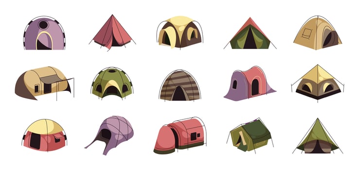 Tourist tent. Cartoon camping bivouac shelter with roof, hiking trekking picnic equipment for recreational camping expedition. Vector set