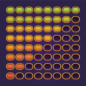Loading progress bar UI. Game asset of shiny health and score percent indicator, animation UI sprite for mobile web application. Vector colorful set