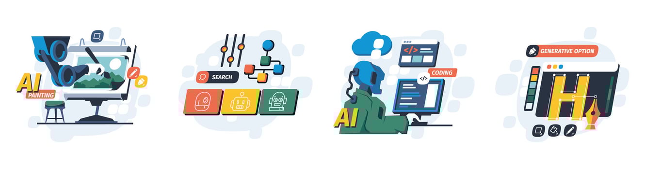Ai generative fill. Abstract machine learning art, digital painting automation concept with chatbot ans AI prompt. Vector illustration