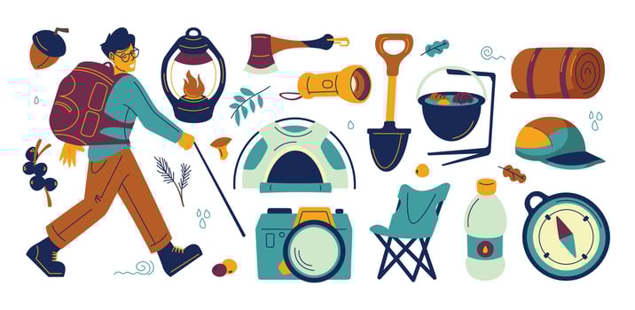 Hiking and camping equipment. Cartoon mountain trekking and campfire picnic tools, outdoor vacation and survival accessories. Vector flat illustration
