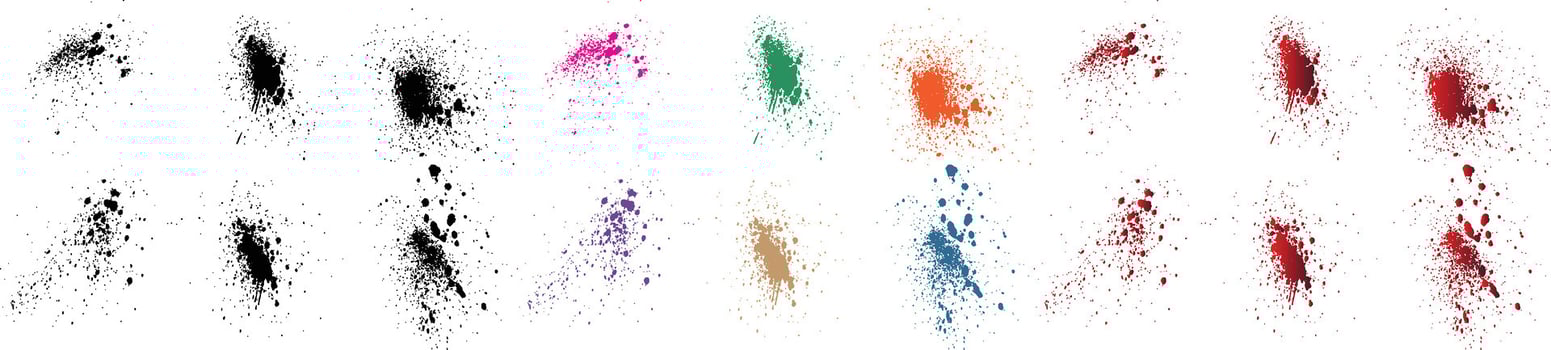 Handwritten grunge orange, purple, red, wheat, black, green color blood paint splatter brush background vector