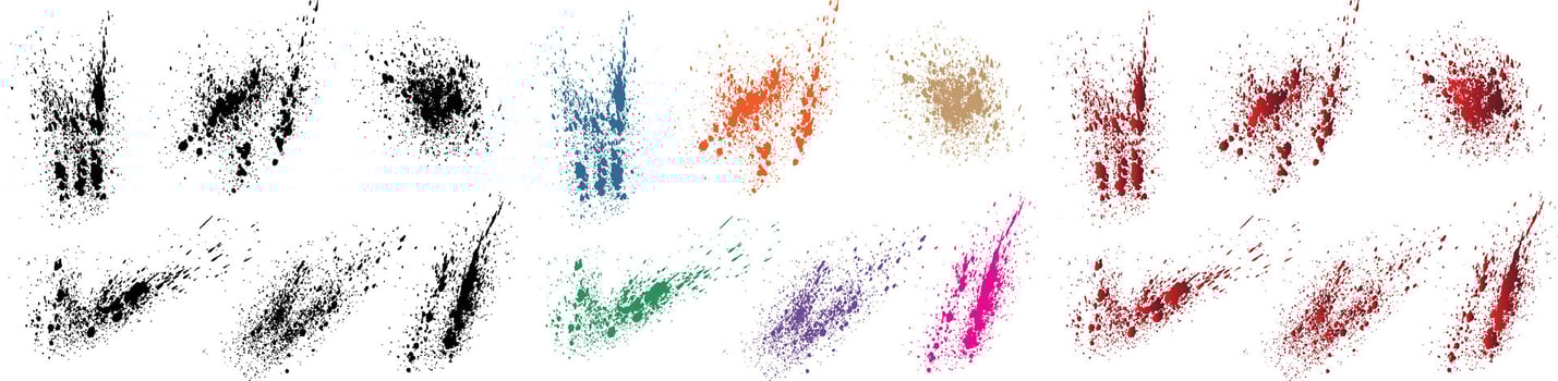 Set of hand-drawn creative black, red, orange, purple, wheat, green color splatter shape brush vector illustration