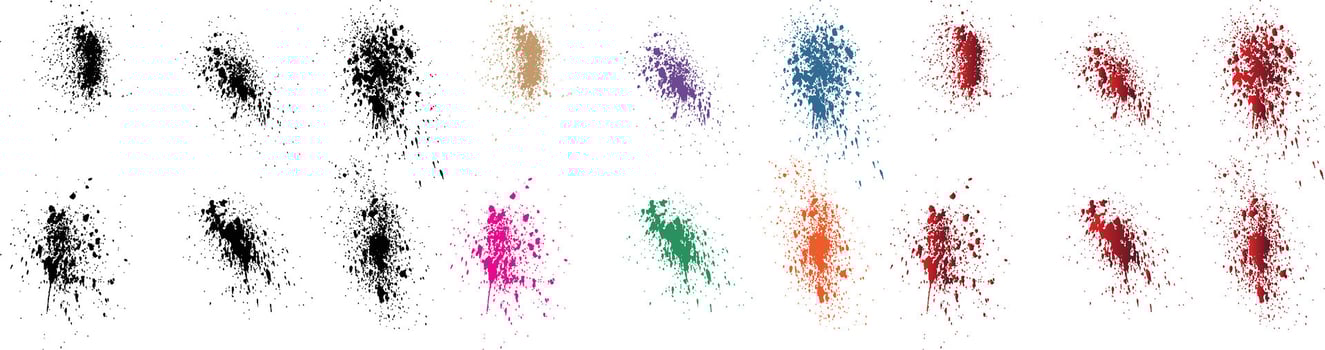 Paint realistic black, red, orange, purple, wheat, green color blood splatter brush stroke vector set