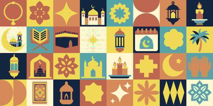 Ramadan icons elements with geometric pattern. Bauhaus style. Ramadan Kareem. Vector flat design for poster cards, banner, web.