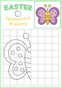 Garden symmetrical drawing worksheet. Complete the butterfly picture. Vector spring holiday writing practice worksheet. Printable black and white activity for preschool kids. Copy the picture