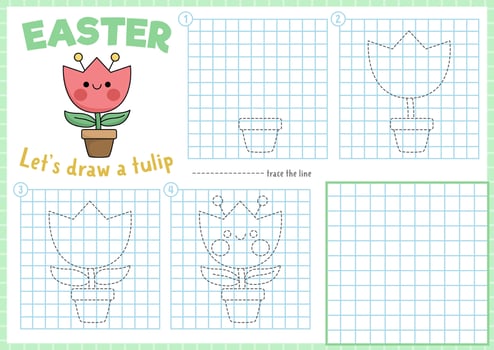 Garden step by step drawing worksheet. How to draw a tulip in pot. Complete the picture by example activity. Vector spring holiday writing practice worksheet. Printable Easter coloring page