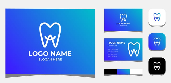 Template Logo Creative Initial letter A in Tooth shape, Logo Dental or dentist. Creative Template with color pallet, visual branding, business card and icon. vector