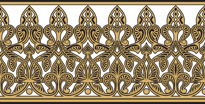Vector golden seamless oriental national ornament. Endless ethnic floral border, arab peoples frame. Persian painting.