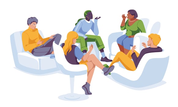 group psychotherapy. A variety of people sitting, listening and talking together. Vector flat illustration