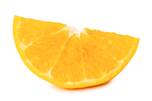 Front view of fresh shogun or tangerine mandarin orange slice or quarter isolated with clipping path and shadow in png file format