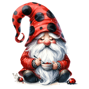 AI generated Whimsical illustration of a cute ladybug gnome with a long white beard, wearing a red polka dot hat with a friendly ladybug. png