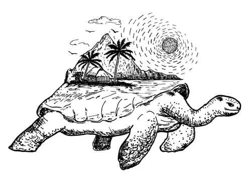 Sketch turtle. Turtle and a tropical beach in tattoo style. Double exposure. logo, tattoo and decoration. vector