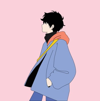 Cartoon boy with tinted hair in Winter clothes. Hand drawn vector illustration. Contour picture for avatar, coloring book, mobile games etc.