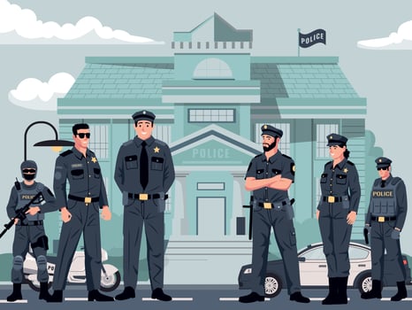 Police station. City department exterior with patrol cars and policeman officers, investigation bureau with cops flat cartoon style. Vector illustration