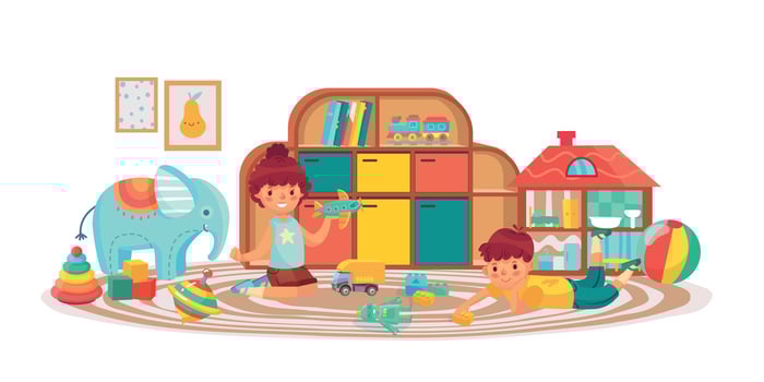 Kids in playing room with toys, boy and girl vector