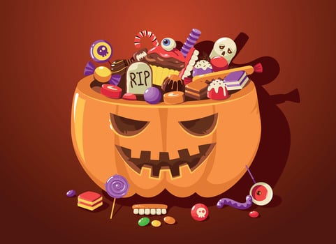 Halloween pumpkin with sweets. Cartoon cute scary basket full of child trick or treat candies for October festival celebration. Vector illustration