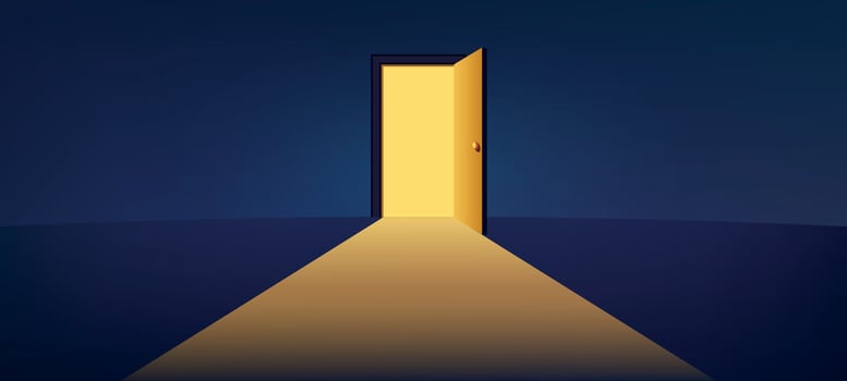 Open door concept. Waiting room lobby entrance with gate and corridor, welcome home entrance concept. Vector illustration