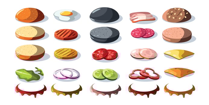 Burger ingredients. Cartoon fast food constructor with cheese sauce onion tomato lettuce cucumber, hamburger with roasted meat sliced flat food. Vector set