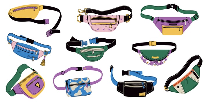 Waist bag. Doodle handbag with various pockets and accessories, fashion nylon purse with belt buckle, stylish summer accessory. Vector set