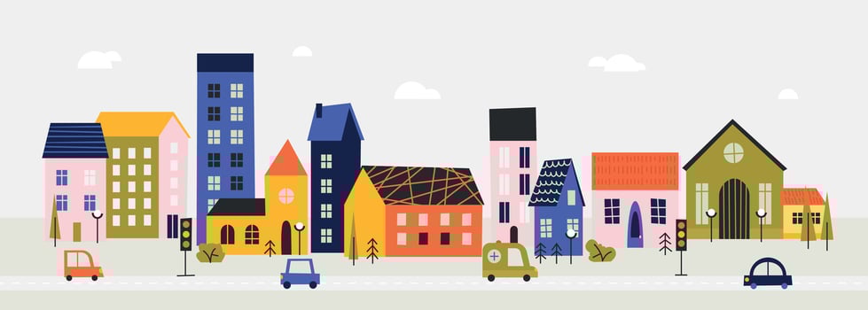 Horizontal town landscape. Urban panorama with building in downtown area, cartoon village street with architecture. Vector illustration